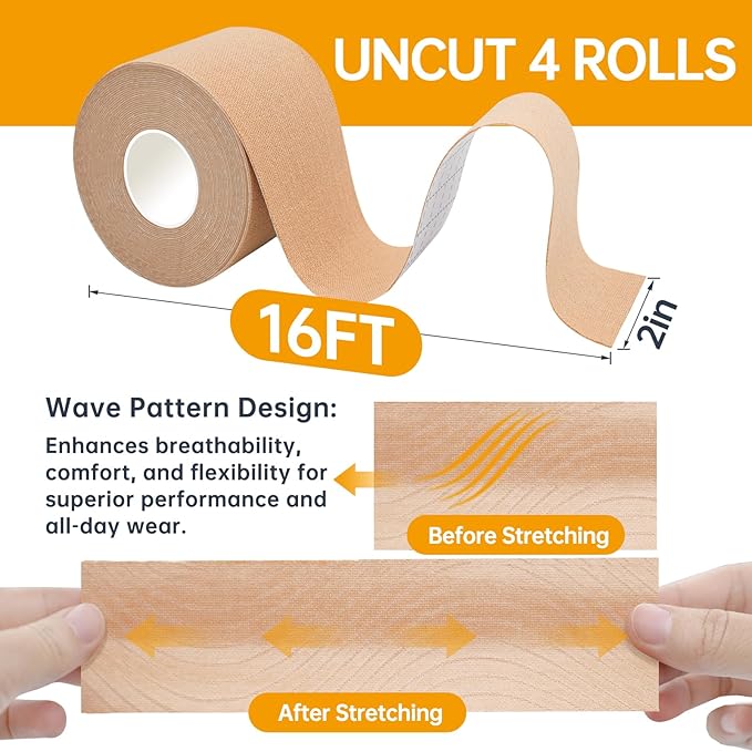 Dimora Uncut Kinesiology Tape, Original Cotton, 16' Elastic Athletic Tape for Muscle Pain Relief and Joint Support, 4 Rolls, Beige