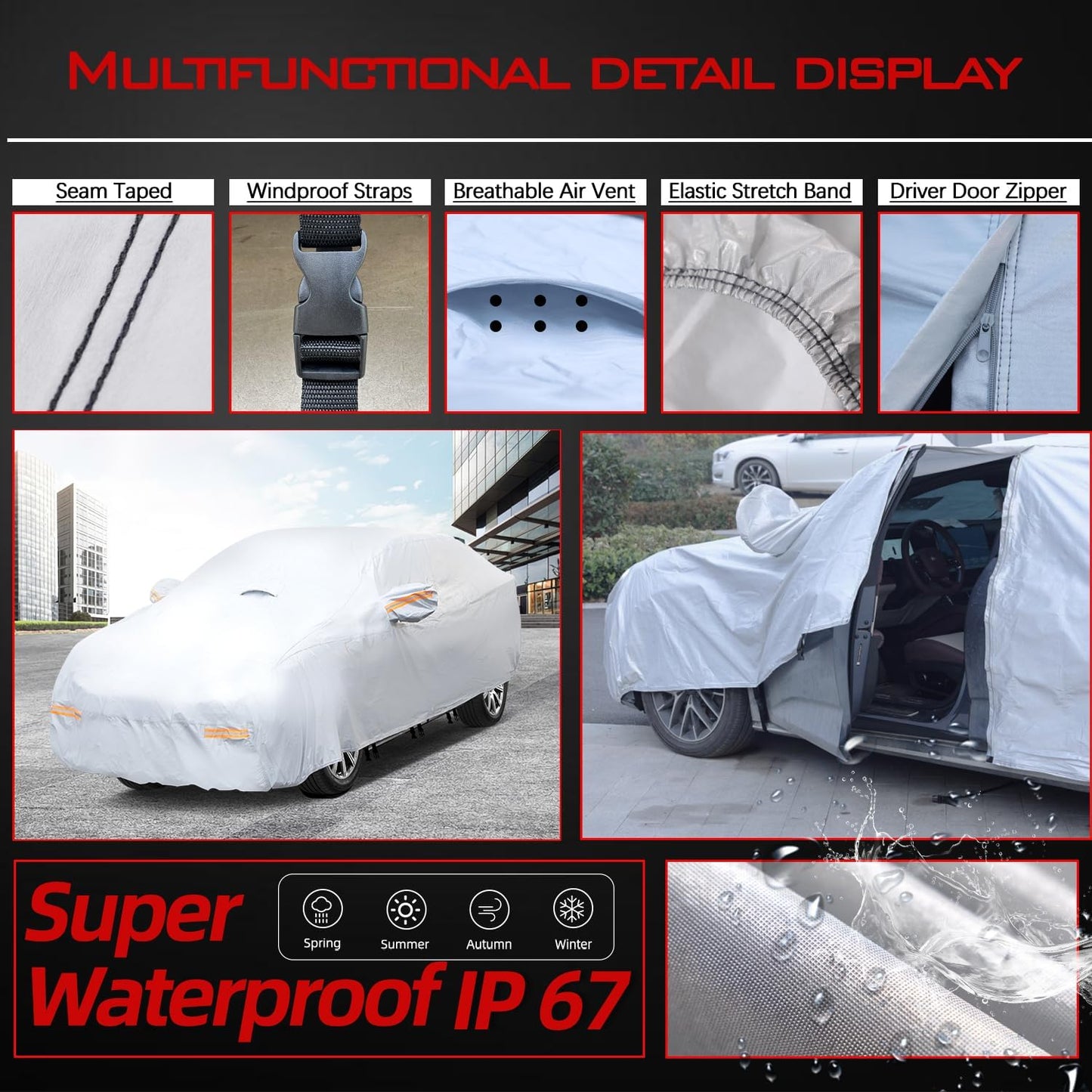 30 Layers Heavy Duty SUV Car Cover for Automobiles All Weather Waterproof, Outdoor Snowproof UV Protection Windproof, Door Zipper, Soft Cotton Universal Car Covers (Silver, Fit SUV 191"-200")