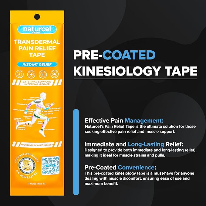 Sport Transdermal Pain Relief Tape, Kinesiology Tape, Sore Joints, Muscles, Back, Knee, Elbow, Shoulder Pain, 2 Elastic Strips(10x2 in), Water Resistant, Accelerated Recovery (Black, 3 Pack)