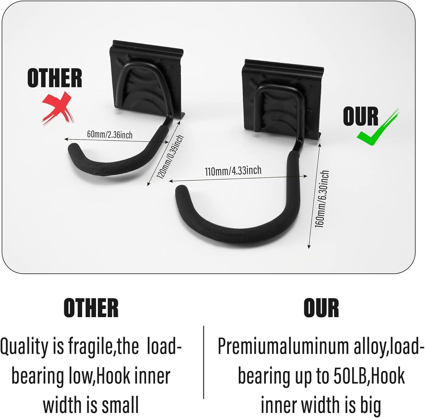 Sinoer Bicycle Wall Rack, Wall Mount for 4 Bicycles + 2 Helmets, Tool Storage Hook Adjustable for Garage or Home, Vertical Bicycle Hanger (Inner Width: 90 mm) - 2 Rails