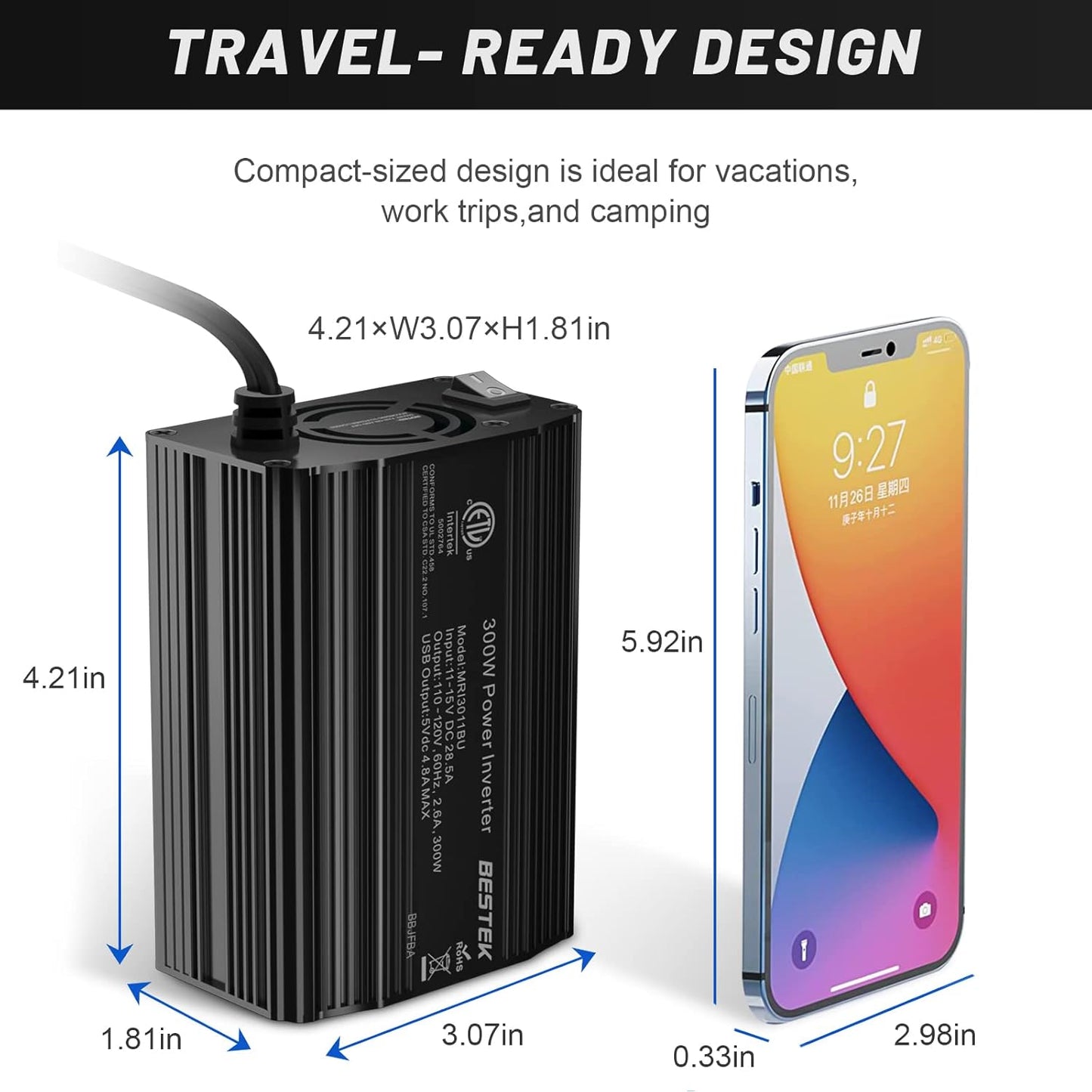 BESTEK 300W Power Inverter DC 12V to 110V AC, Durable Aluminum Housing Car Charger Adapter with 4.8A Dual USB Fast Charging Port, Car Plug in Cigarette Lighter Outlet for Phone, Laptop