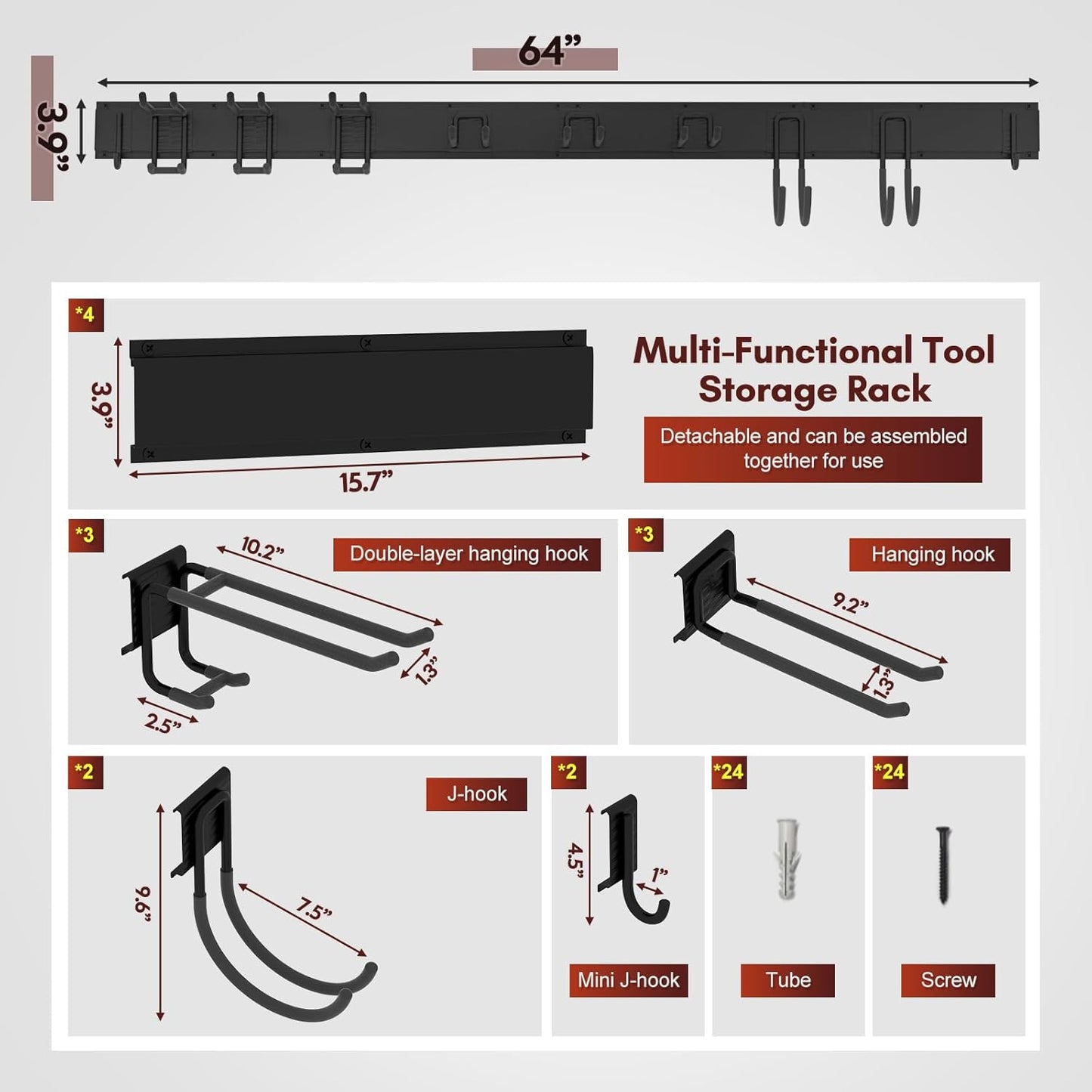 Garage Tool Organizer Wall Mount,Garden Tools Rack Holder,64 Inch Storage Hanger with Removable Heavy Duty Hooks