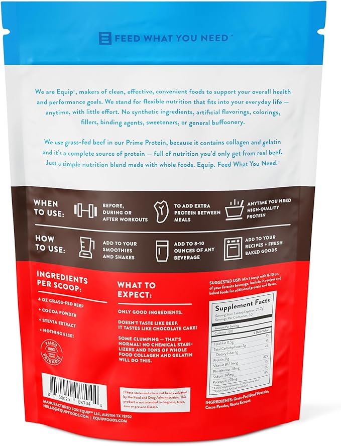 Equip Foods Prime Protein Powder | Clean, Grass Fed Beef Protein Isolate | Carnivore Protein Powder | Paleo, Keto Friendly | Gluten, Dairy Free | Helps Build & Repair Tissue | 30 Servings, Chocolate