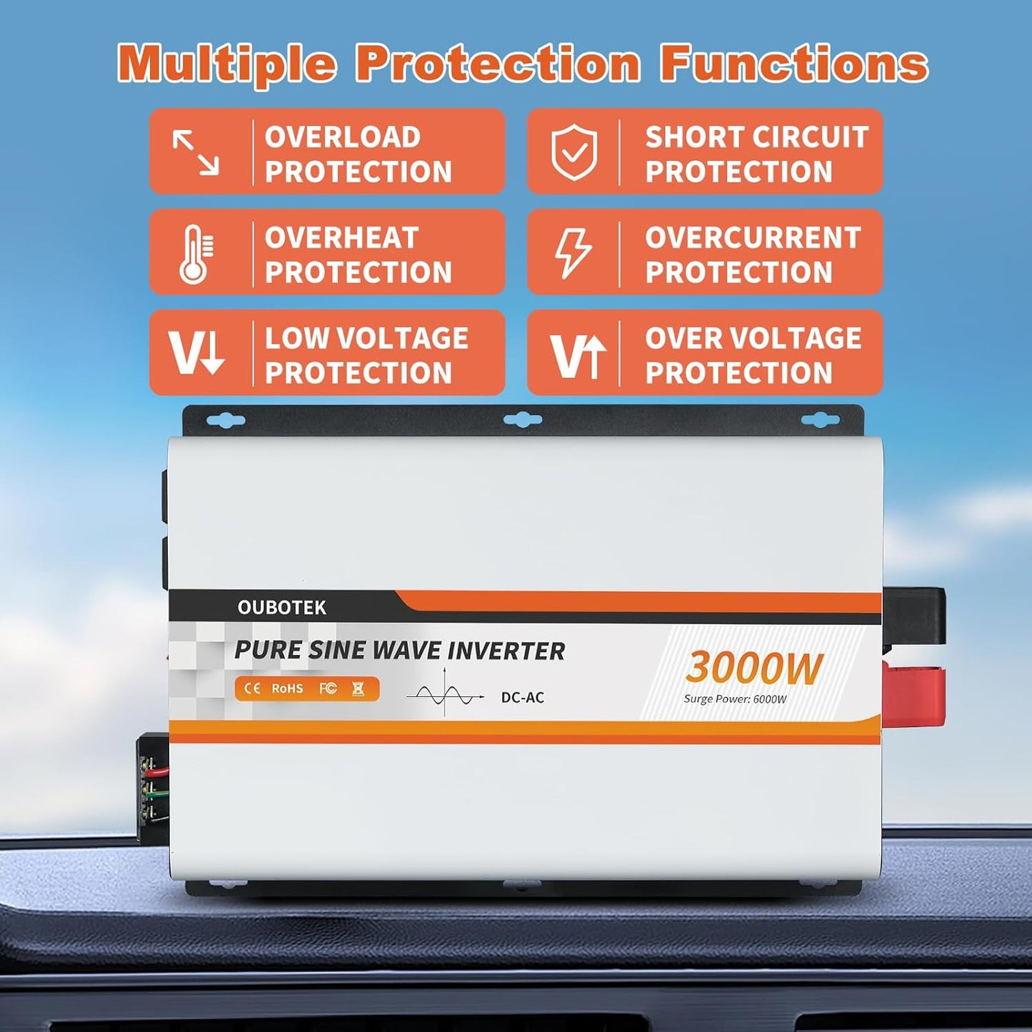 3000 Watt Pure Sine Wave Inverter, DC 12V to AC 120V with LCD Display, Remote Control, USB Port, 4 AC Outlets, and Terminal Block for RV Boat Camping Solar System and Home Use