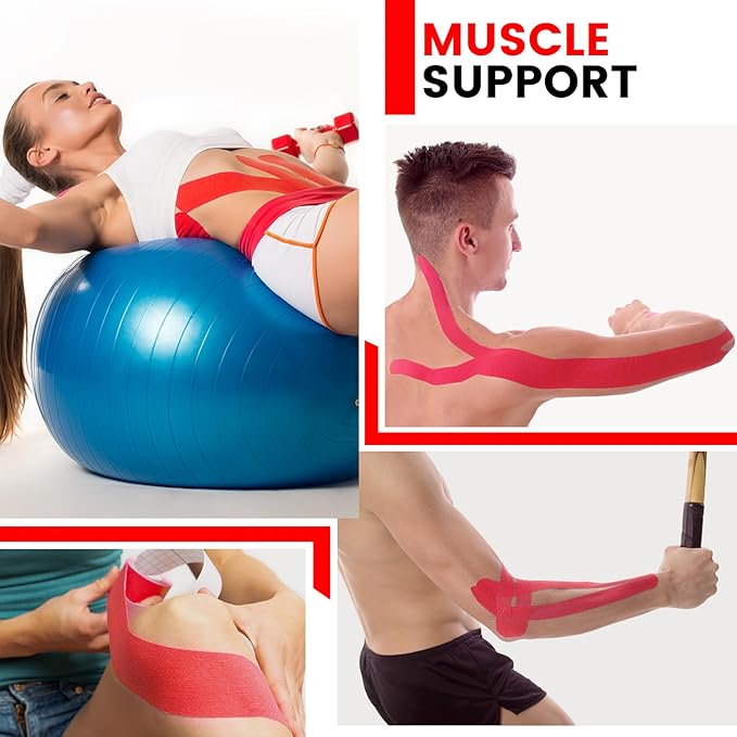 5 Rolls Kinesiology Tape, 2 inch x 16.4 Feet Waterproof Athletic Tape, Uncut Kinetic Tape, Muscle Tape, Sports Tape, Knee Tape for Exercise and Daily Use - Red