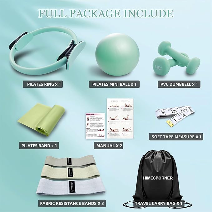 Pilates Ring Set 9 PCS, Magic Circle Yoga Ring, Pilates Ball, 2.2lb *2 Dumbbells, Resistance Bands, Tape Measure, Pilates Weight Kit Equipment Accessories for Home Workouts Fitness Yoga