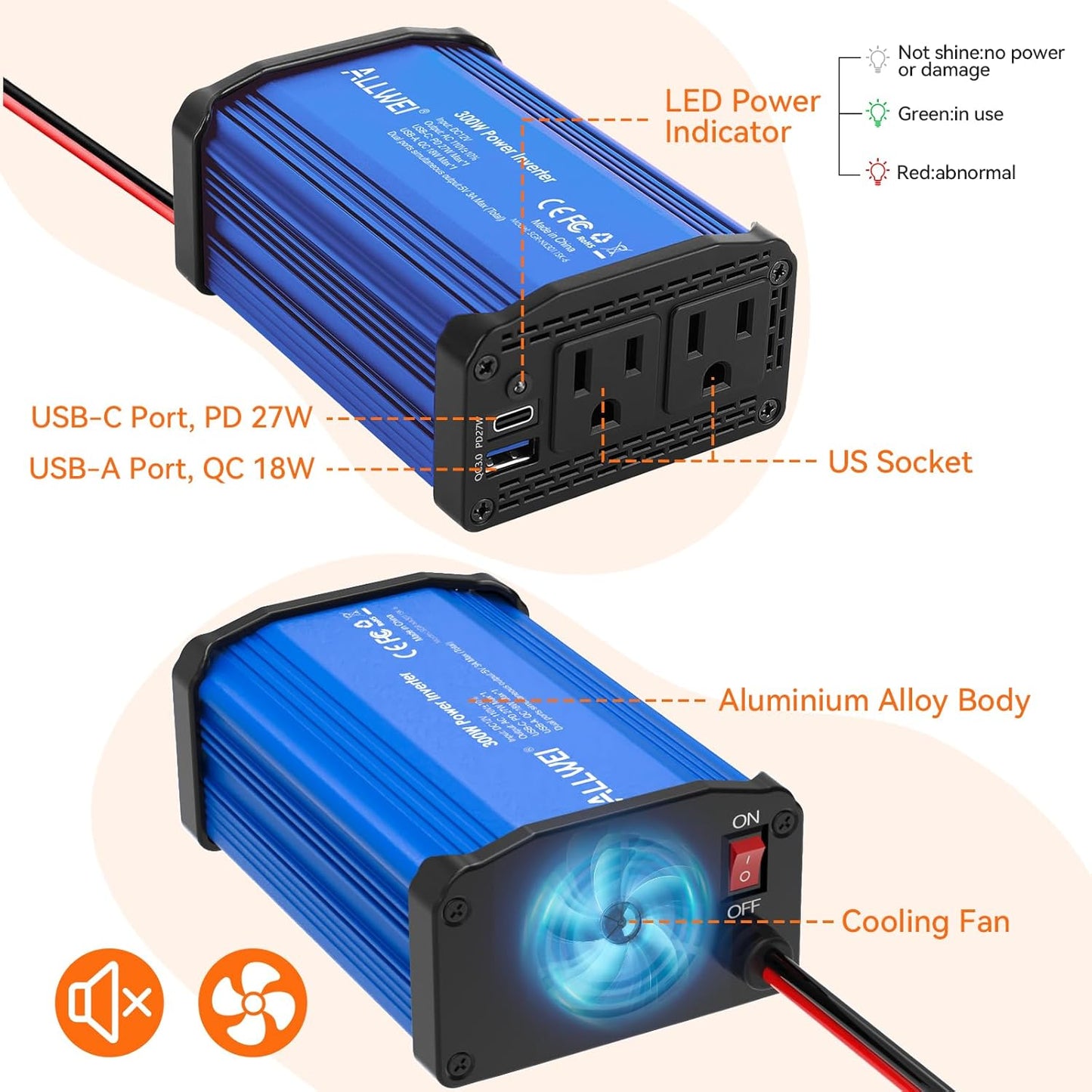 300W Car Power Inverter 12v to 110v, Car Plug in Adapter Outlet with PD 27w USB-C and Fast Charger 18w USB-A, Car Outlet Adapter, Car Converter to Outlet Plug, Power Inverters for Vehicles (Blue)