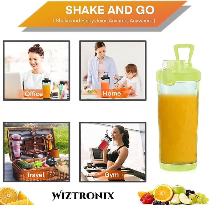 Cordless 21oz Portable Blender BPA Free With Personal Blender Cup, Best For Smoothie, Shakes, and Cocktails, With Durable Stainless Steel Blades, USB-C Rechargeable in Lime By WIZTRONIX