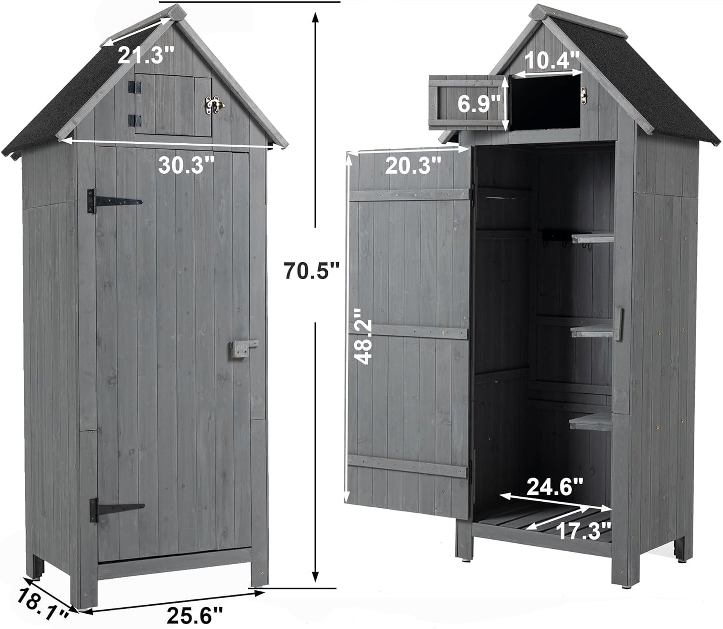 30.3" L X 21.3" W X 70.5" H Outdoor Storage Shed with Waterproof Roof, Solid Fir Wood Frame, and 3 Compartments for Garden Tools, Mower, and Hose,Grey