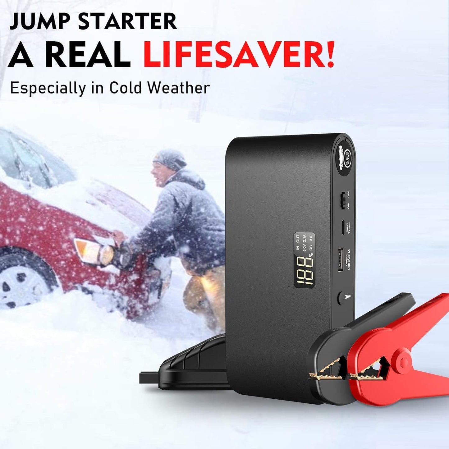 BOOKOO Car Battery Jump Starter, 3000 Amps Jumper Starter for Car 7.2 L Gas | 5.5 L Diesel Engine, Power Bank Battery Backup with USB QC 3.0 | PD 18W Fast Charging,3 Flashlight Modes for Emergency Use