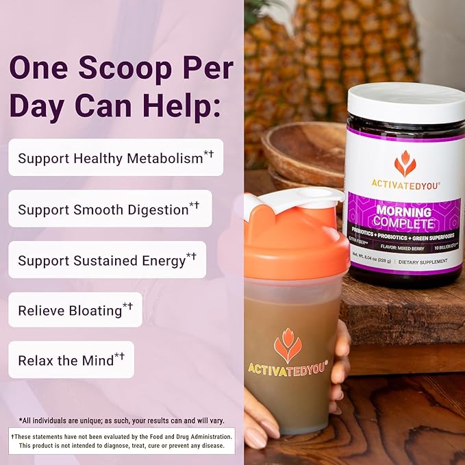 ACTIVATEDYOU Morning Complete Daily Wellness Greens Superfood Drink Mix for Gut Health w/Prebiotics, Probiotics, Antioxidants, Green Superfoods, 10 Billion CFUs (3 Pack, Mixed Berry)