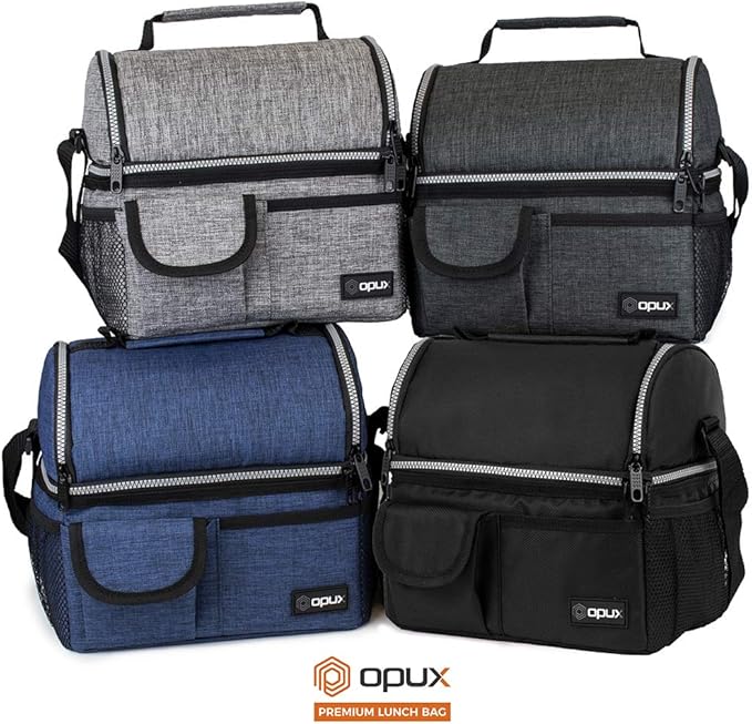 opux Lunch Box for Men, Adult Lunch Box Cooler, Insulated Lunch Bag Women, Dual Compartment Lunchbox for Work, Leakproof Double Decker Lunch Bag, Soft Lunch Pail Tote Boys Girls Kids School, Gray