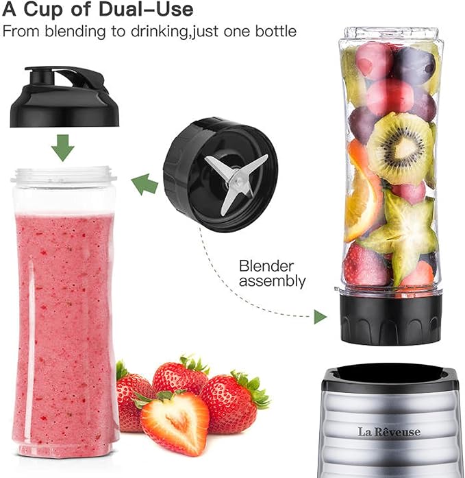 La Reveuse Smoothies Blender Single Serving 300 Watts with 18 oz BPA-Free Portable Travel Sports Bottle (Silver)