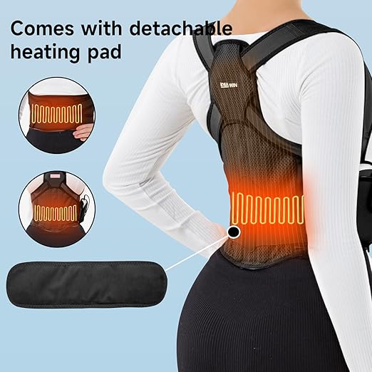 Back Brace Posture Corrector for Women and Men with Heating Pad, Shoulder Posture Corrector for Men, Back Heating Pad for Back Pain Relief - Scoliosis, Spine Corrector (Black, Small)