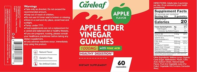 Apple Cider Vinegar Gummies 60 Counts 1000mg AVC with Vitamin B6 Vitamin B12 for Metabolism, Digestion, Detox, Gut & Immune Health