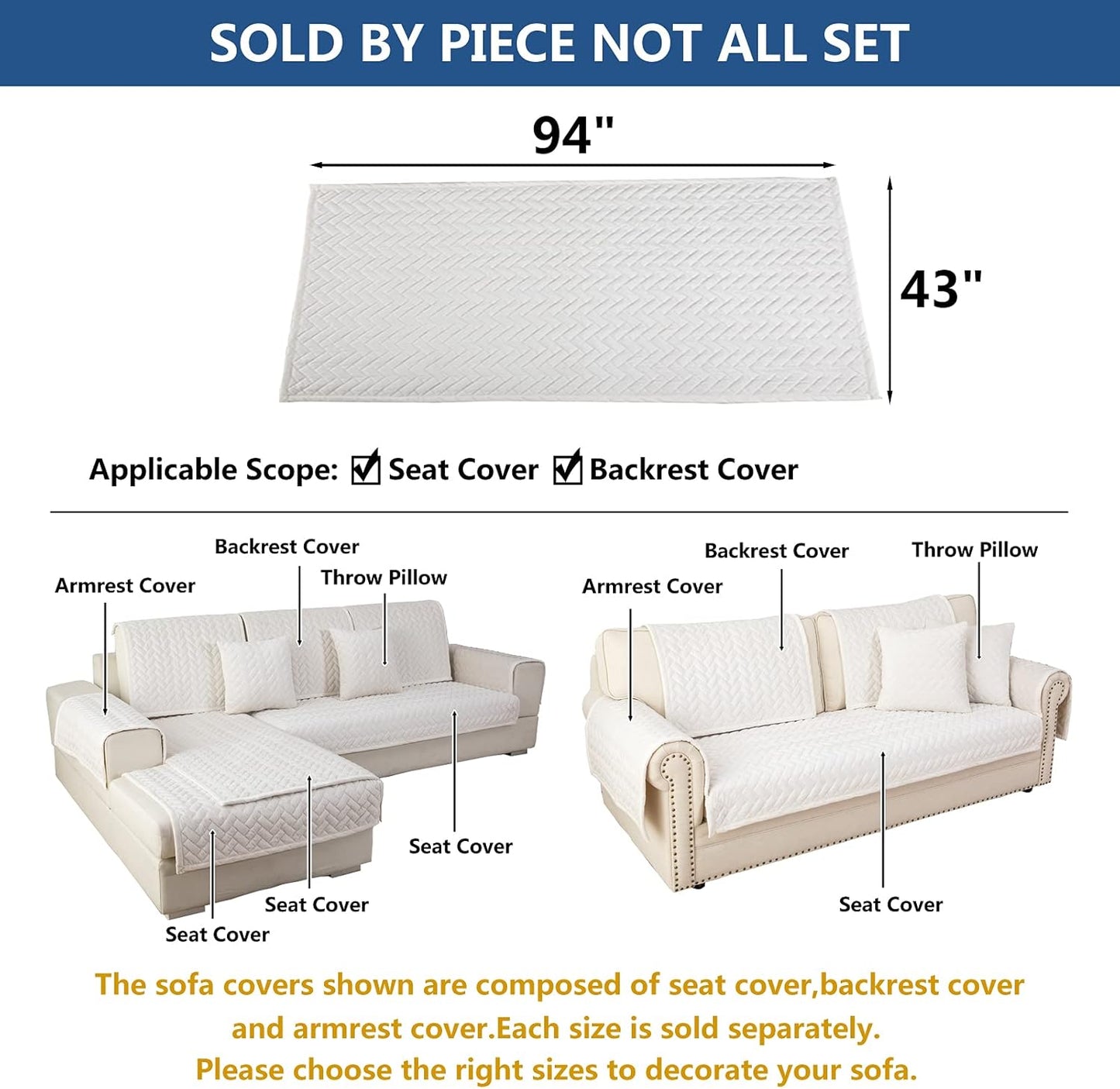 Eismodra Couch Cover,Sectional Couch Covers,Sofa Covers for 3 Cushion Couch,Anti-Slip Sofa Slipcovers for Dogs Cats Kids Loveseat Recliner L Shaped Armrest Backrest,White 43''x94''(Only 1 Piece)