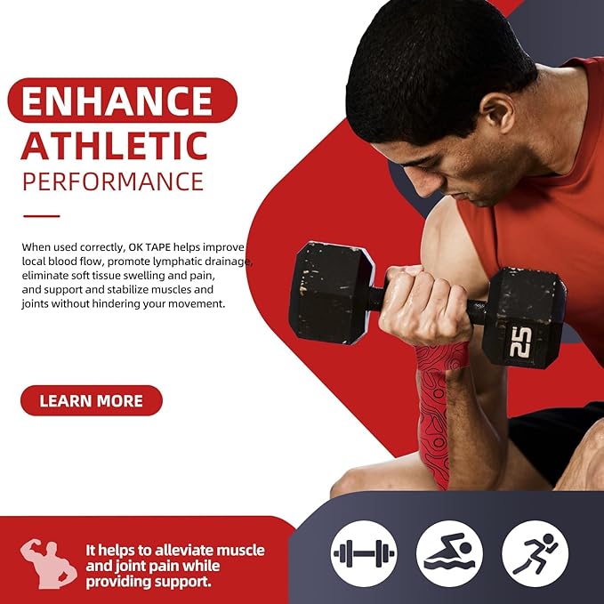 OK TAPE PRO Kinesiology Tape Uncut Roll, Elastic Physical Therapy Athletic Tape for Pain Relief, Muscle Support, Kinetic Tape, Water Resistant, 2in X 16.4ft -Red 2 Rolls