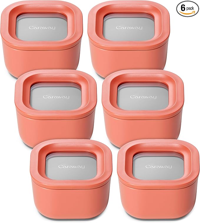 Caraway 6pc Food Storage Container Set - 1.75 Cup Glass Storage Container for Food (6) - Non-Toxic Ceramic-Coated Glass - Air Release Technology - Compact & Stackable Design - Perracotta