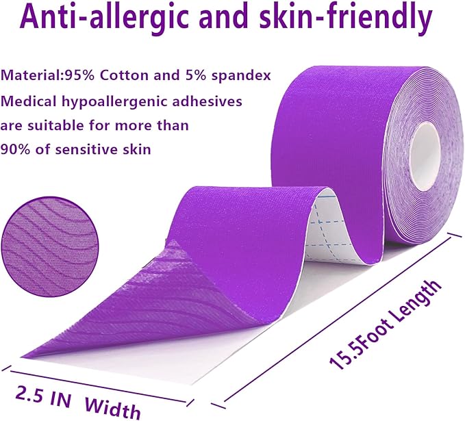 Kinesiology Tape Pro 2 Rolls, 2 Inch High Elasticity Sports Tape Therapeutic Pain Relief–Physio Tape for Muscle Recovery & Joint Support, Waterproof & Hypoallergenic & Breathable–Purple