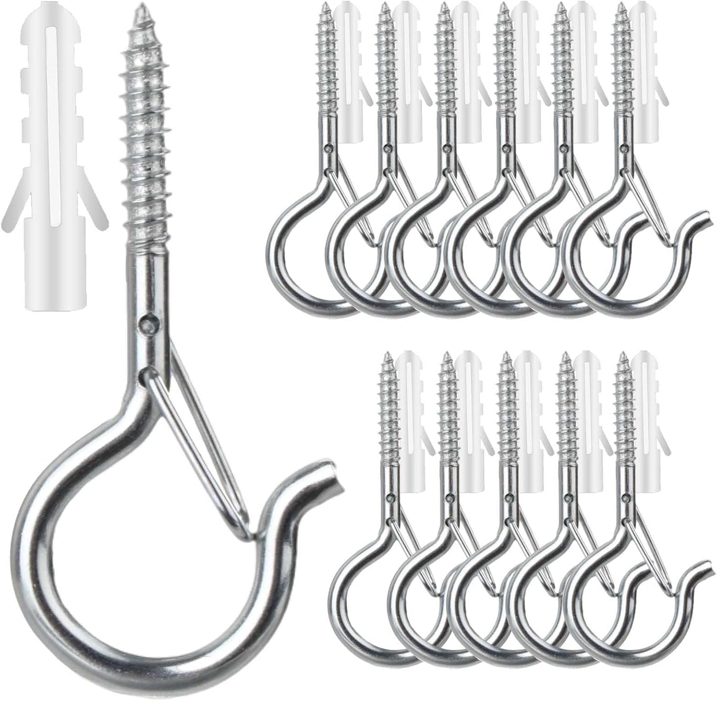 12 PCS Q-Hanger Hooks, Screw Hooks for Outdoor String Lights, Safety Buckle Design Cup Eye Hook for Hanging Christmas Lights, Plants, Wind Chimes, Mounted on Wall Ceiling, Windproof, Silver