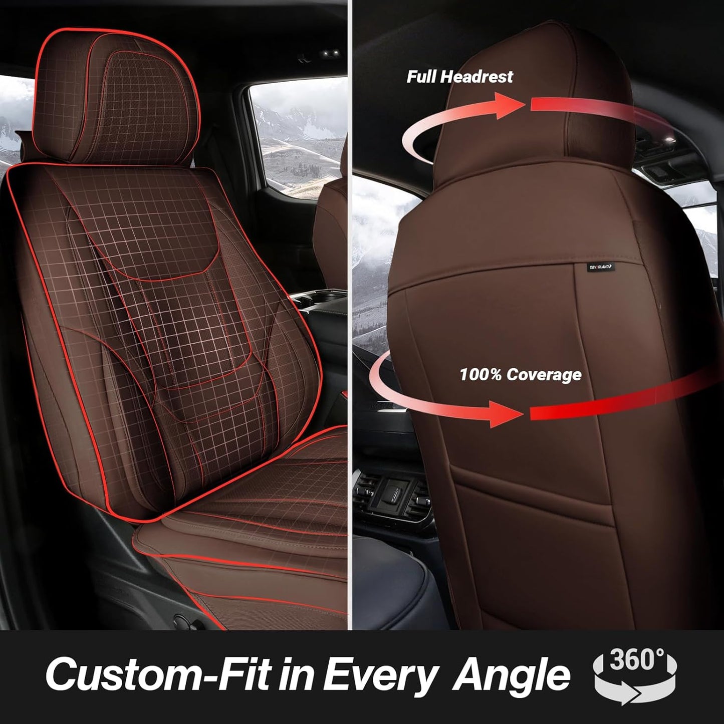 Coverland Custom Car Seat Covers Compatible with Tacoma, F150, F250, F350, Ram 1500, Silverado 1500 - Premium Leather Non-Slip Waterproof Interior Front Seat-Dark Brown [See Size Chart-Size A10]