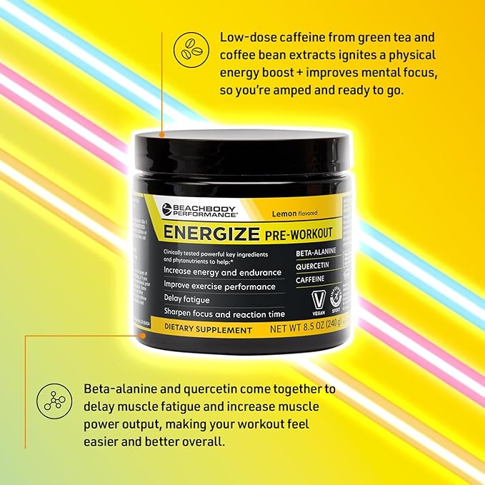 BODi Energize Pre Workout Powder - Beta-Alanine, Quercetin & Low-Dose Caffeine Formula for Enhanced Energy & Focus, Increase Energy & Endurance Supplement, Lemon Flavored, 40 Servings