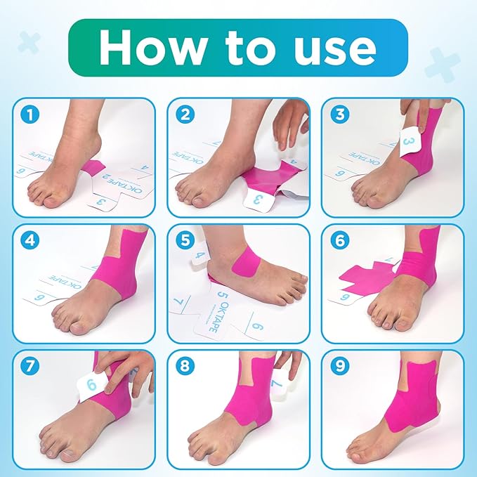 OK TAPE Precut Kinesiology Ankle Tape, 10 Pcs, Pain Relief, Prevent Ankle Sprain, Provide Support for Ankle Ligament, Elastic Athletic Tape, Breathable K Tape for Daily use - Blue