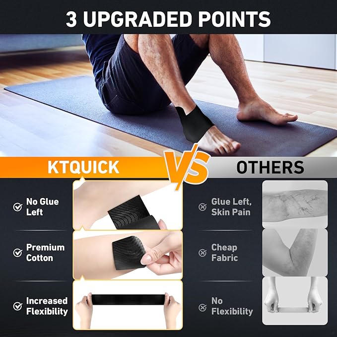 Kinesiology Tape for Ankle, KTQUICK 12 Count Ankle Tape Precut, Original Cotton Waterproof & Breathable, Enhance Elastic Kinesiology Athletic Tape for Ankle Support and Muscle to More Sports (Black)