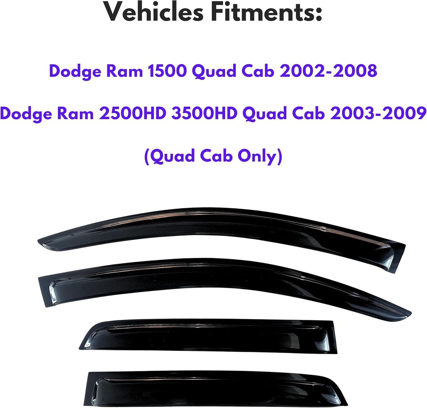 KPY Window Visor Rain Guard for 2002-2008 Dodge Ram 1500 Quad Cab, Tape-On Window Deflectors Vent Visor Shades for 03-09 Dodge Ram 2500 3500, 2002 2003 2004 2005 2006 2007 2008 (Quad/Extended Cab)