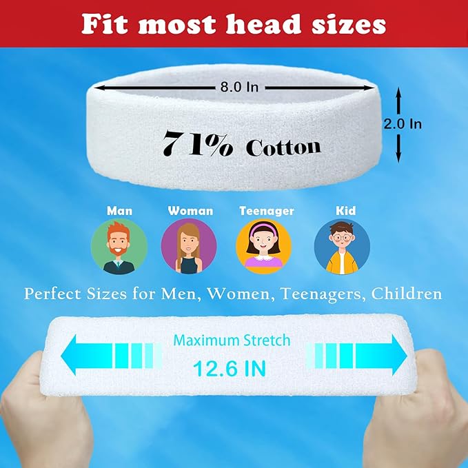 Sweatbands Sports Headbands for Men & Women - 3 Pack Moisture Wicking Cotton Headband for Tennis, Basketball, Running, Gym - Sweat Band