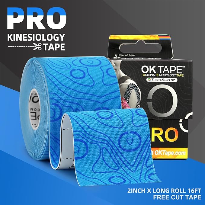OK TAPE PRO Kinesiology Tape Uncut Roll, Elastic Physical Therapy Athletic Tape for Pain Relief, Muscle Support, Kinetic Tape, Water Resistant, 2in X 16.4ft -Blue 2 Rolls