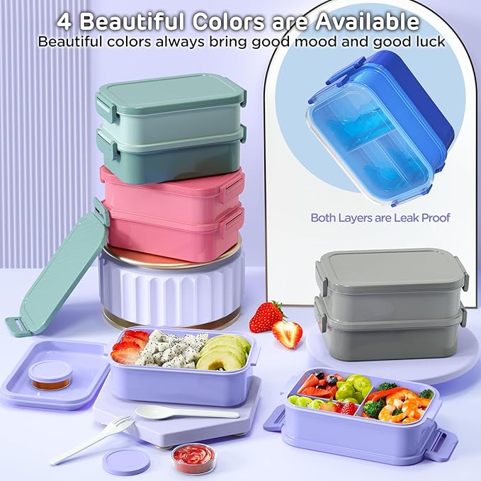 Lunch Box Adults Bento Box - 74 OZ All-in-One Stackable Lunch Box Containers for Adult Large Bento Box with Fork Spoon Sauce Boxes, Leakproof Lunchbox for Work School Dining Out,Macaron-Purple
