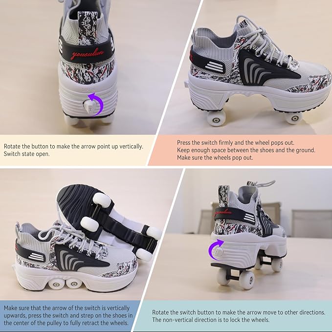 Roller Skate Shoes for Women Four Rounds Children's Roller Skates Shoes That Turn into Rollerskates Sneakers Outdoor Light Shoes with Wheels for Girls/Boys