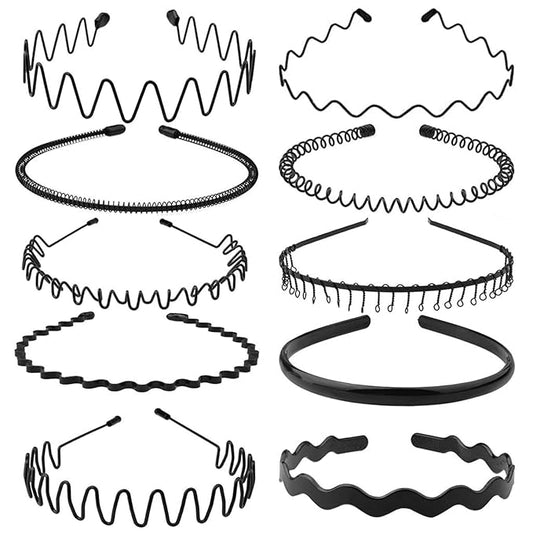 Metal Hair Band, Metal Fashion Hair Bands, Unisex Black Headbands, Wavy Headband Perfect for Outdoor Sports and Daily Use (10pcs)