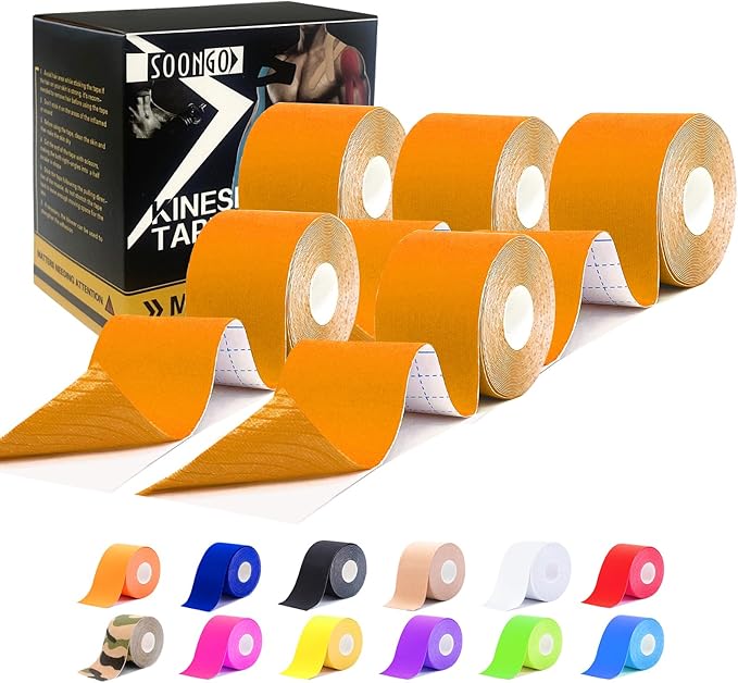 Kinesiology Tape Pro 5 Rolls, 2 Inch High Elasticity Sports Tape Therapeutic Pain Relief–Physio Tape for Muscle Recovery & Joint Support, Waterproof & Hypoallergenic & Breathable–Orange