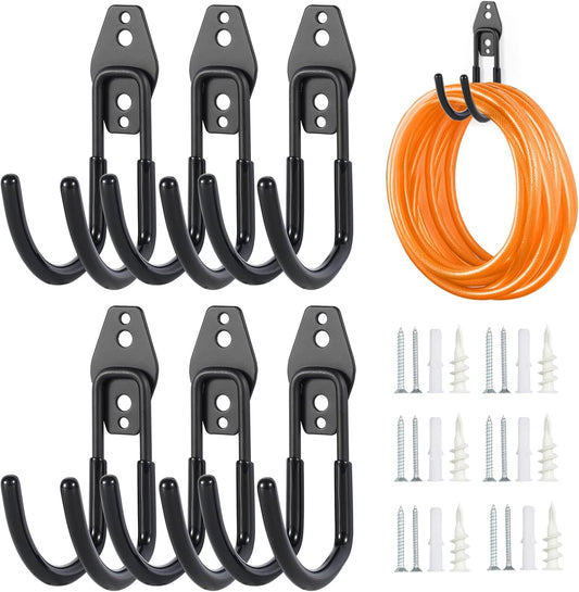 Garage Tool Hooks Wall Mount, 6 Pack Heavy Duty Storage Hooks for Garden Tools, Wall Hooks for Garden Hoses, Brooms, Ladders, Garage Storage and Organization Accessories