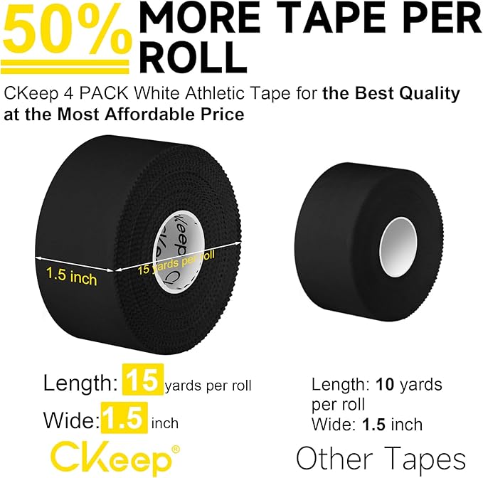 CKeep Athletic Tape, 4 Pack Black Sports Tape, Very Sturdy No Glue Residue, Wrist Ankle Tape for Muscle, Climbing, Boxing, Athletes, Baseball Bats, Strains, Sprains, Injuries（1.5 Inches）
