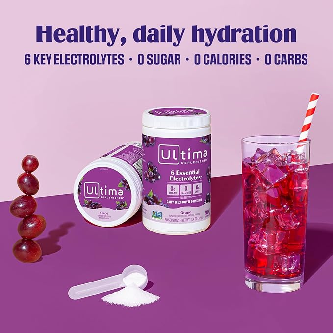 Ultima Replenisher Daily Electrolyte Powder Drink Mix – Sugar Free – Grape, 90 Servings – Hydration Powder with 6 Key Electrolytes and Trace Minerals – Keto Friendly, Vegan, Non-GMO