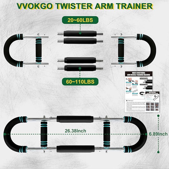 VVOKGO Twister Arm Trainer with 4 Spring for Men & Women, 20-110lb Adjustable Chest Workout Equipment, Shoulder Arm Strength Exerciser, Portable Power Twister Bar, Detachable Design Fitness Anywhere
