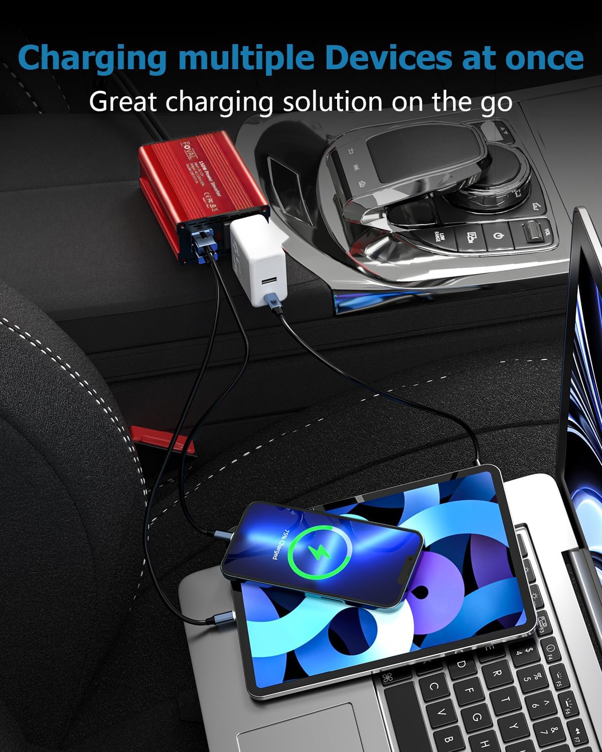 FOVAL 150W Car Power Inverter 12V DC to 110V AC Converter Vehicle Adapter Plug Outlet with 3.1A Dual USB Car Charger for Laptop Computer (Classic Red)
