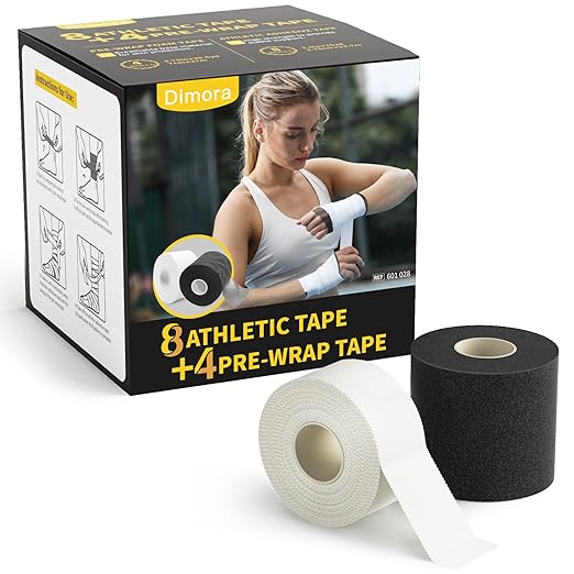 Dimora Athletic Tape and Pre Wrap Kit, 8 + 4 Rolls Premium Sports Wrap for Injury Prevention & Support, Easy Tear and No Sticky Residue, Essential Combo for Athletes, Trainers, & Coaches