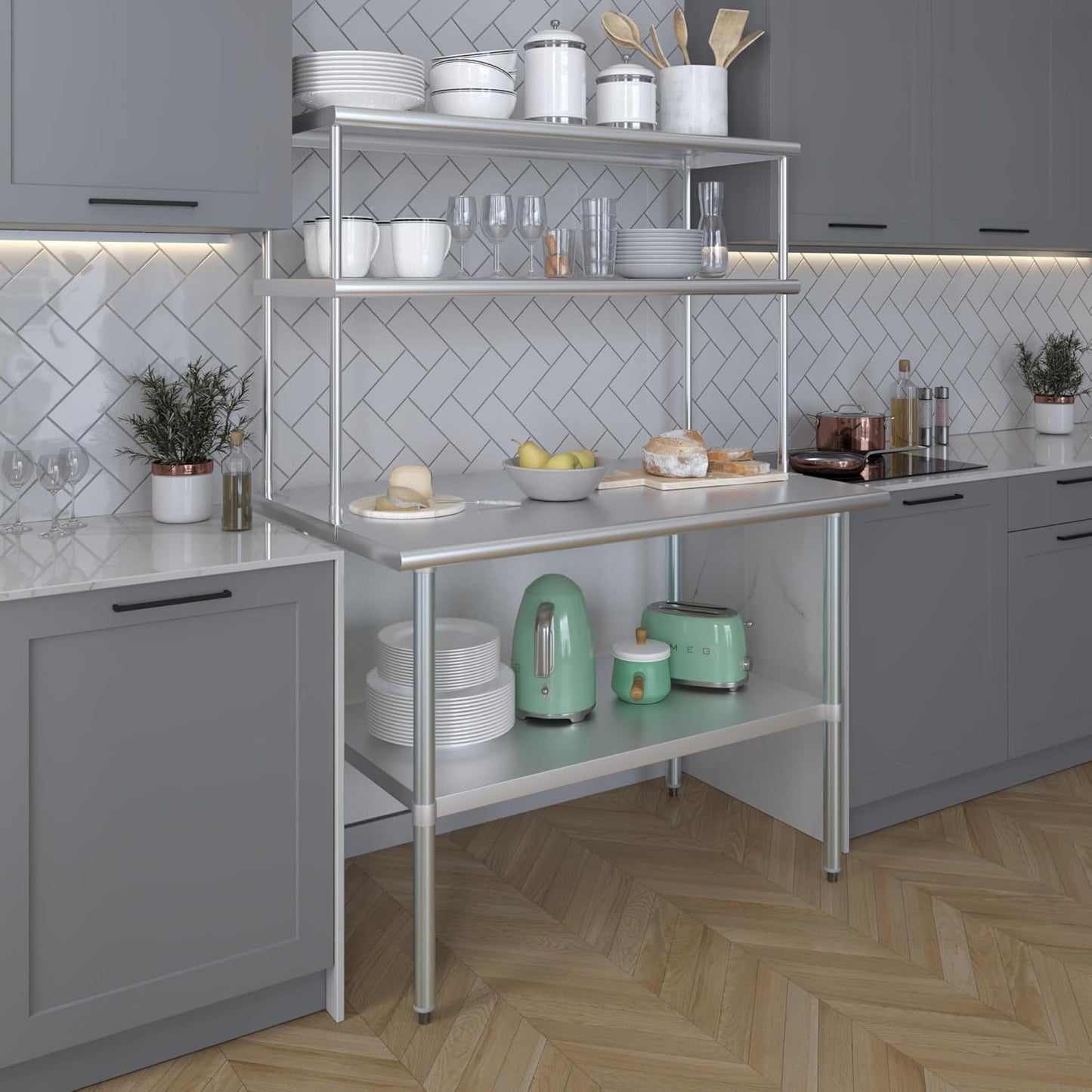 Amgood Stainless Steel Work Table Double Tier Overshelf | 30" x 48" Work Table + 18" Overshelf