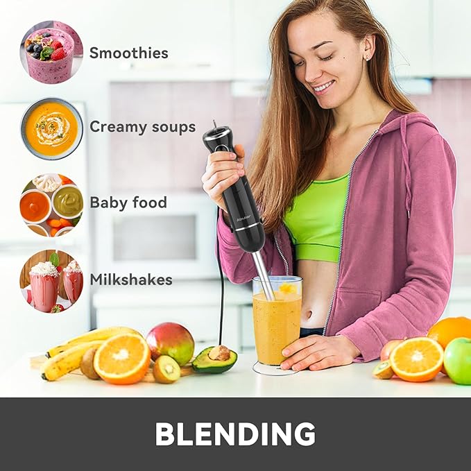 Immersion Blender Handheld Hand Blender, 1000W 5 in 1 Hand Mixer Stick, BPA-Free 12 Speed Handheld Blender 304 Stainless, Mixing Beaker, Chopper, Whisk, Milk Frother, Soup, Smoothies, Baby Food, Sauce