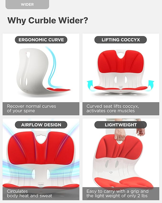 Curble Wider(Standard Wide) 2PACK – Ergonomic Lower Back Chair Support, Lumbar Support Back Posture Corrector, Back Pain Relief, Perfect for Office, Floor Seat and Work from Home, Patented (2P Red)
