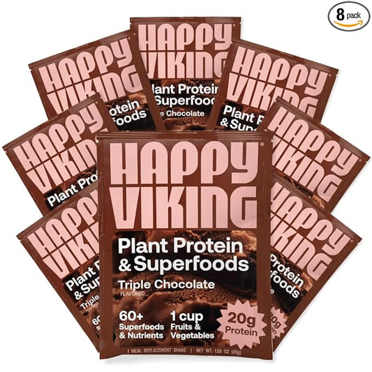 Happy Viking Triple Chocolate Plant Protein Powder, Created by Venus Williams, 20G Protein, Low Carb, Keto, Vegan, Gluten-Free, Non-GMO, Superfoods, Complete Meal Replacement, 8 Single Serve Packs