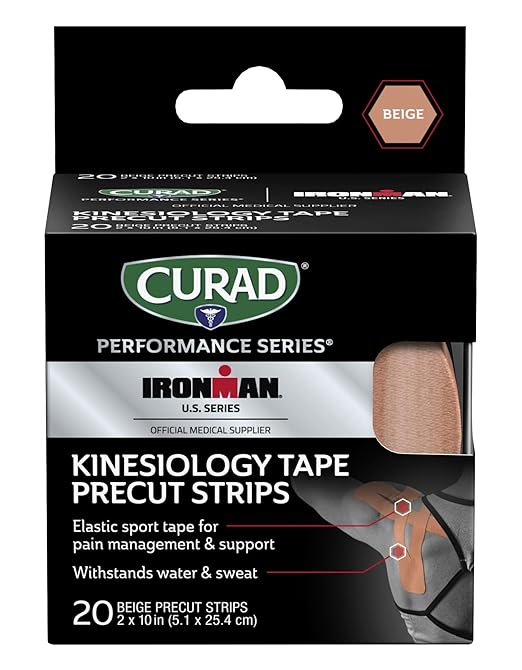 CURAD Performance Series IRONMAN Kinesiology Tape, Pain Management Technology, Sweat & Water-Resistant Athletic Tape, Compression Support for Joints & Muscles, Beige, 2 x 10 inches, 1 Roll (20 Strips)