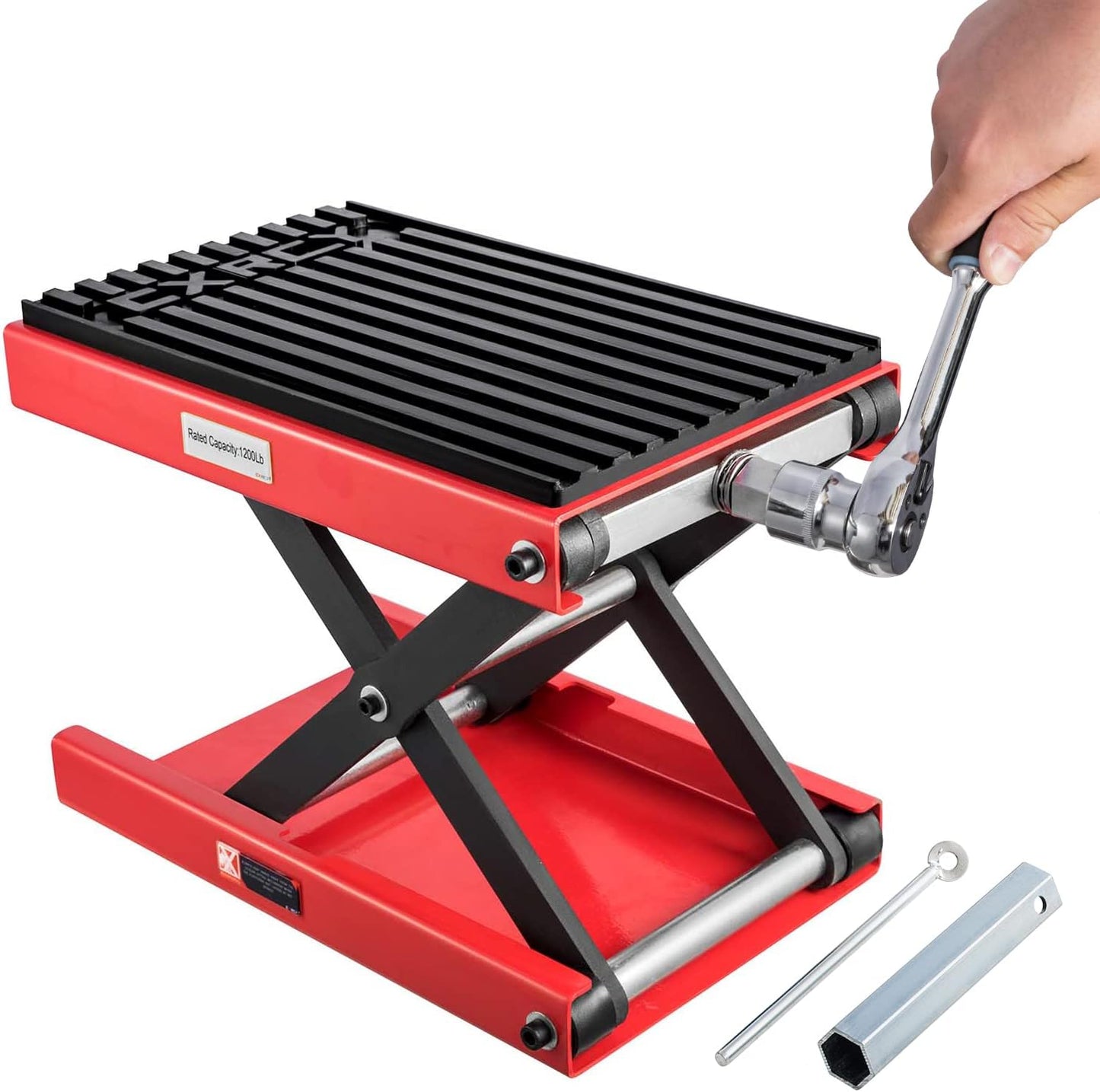 CXRCY 1200 LBS Motorcycle Lift Scissor Jack Upgraded Dirt Bike ATV Steel Motorcycle Hoist Stand with Ratchet Wrench,Crank Handle,Thickened Rubber Pad,Wide Deck