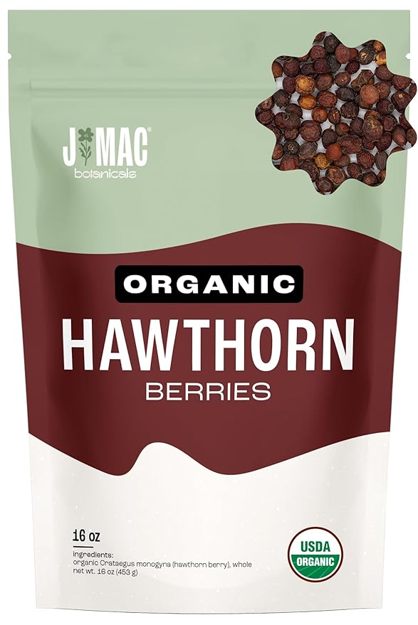 J Mac Botanicals, Organic Dried Hawthorn Berries Whole (16 oz) Hawthorn berry from Eastern Europe, certified Organic hawthorn berry tea, Hawthorne berries bulk resealable bag, Dried Hawthorn berries