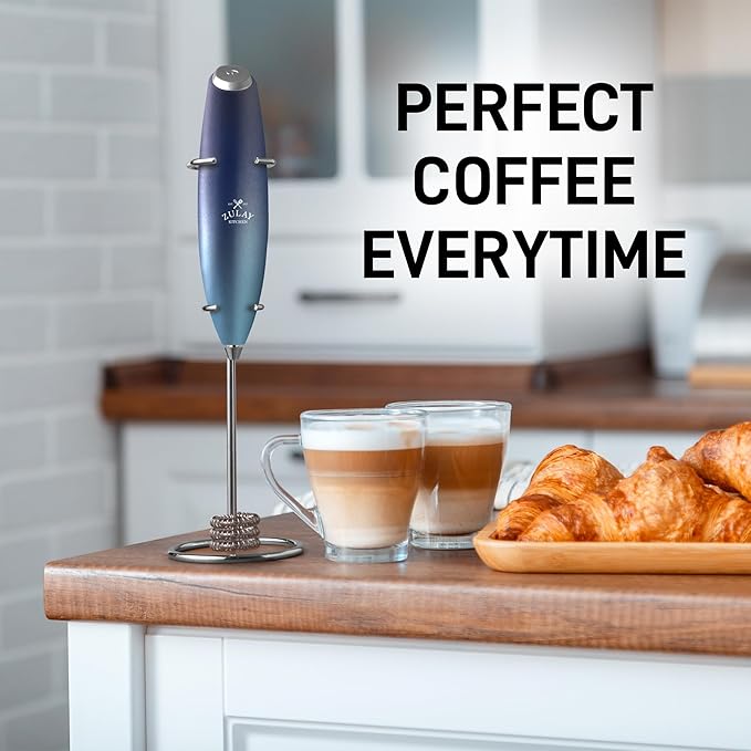 Zulay Kitchen Tornado Whisk Milk Frother with 4 AA Duracell Batteries - Triple Whisk for More Power - Handheld Coffee Frother with Stand - Drink Mixer for Lattes, Matcha & Protein Shakes