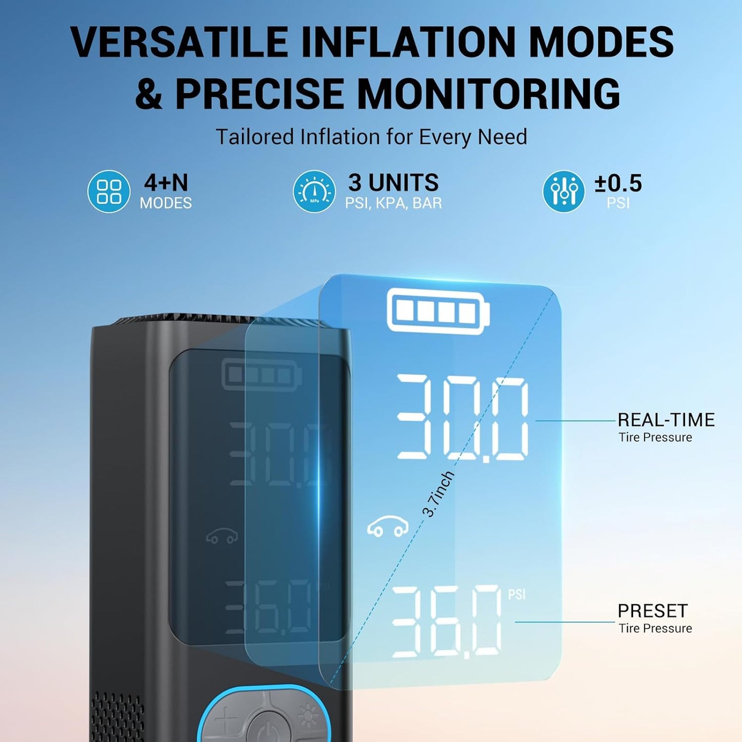 AVAPOW AP18 Tire Inflator Portable Air Compressor, 300% Faster 150 PSI Cordless Air Pump with Tire Pressure Gauge, 3.7″ Dual LCD Screen, Auto-Shuts Off Tire Pump for Car, Motorcycle, Bicycle, Black